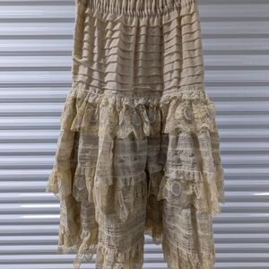 Lace Tiered Ruffle Midi Skirt in Beige